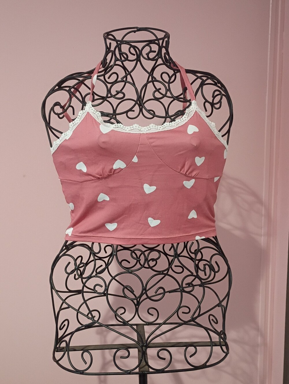 🌻 Pink Heart Print Lace-Trim Cami Top Size Small